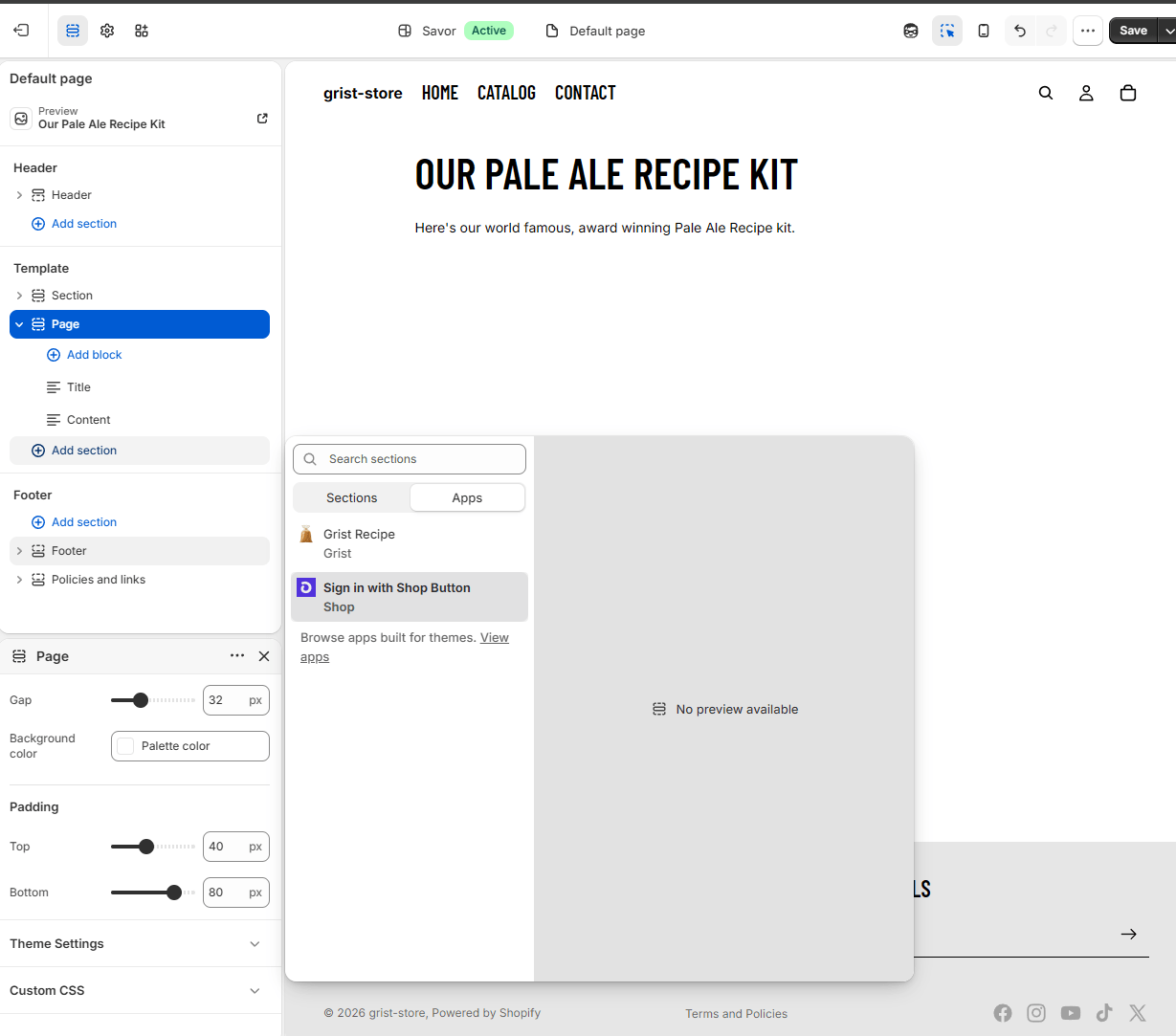 Locate the Grist Recipe block in the apps tab