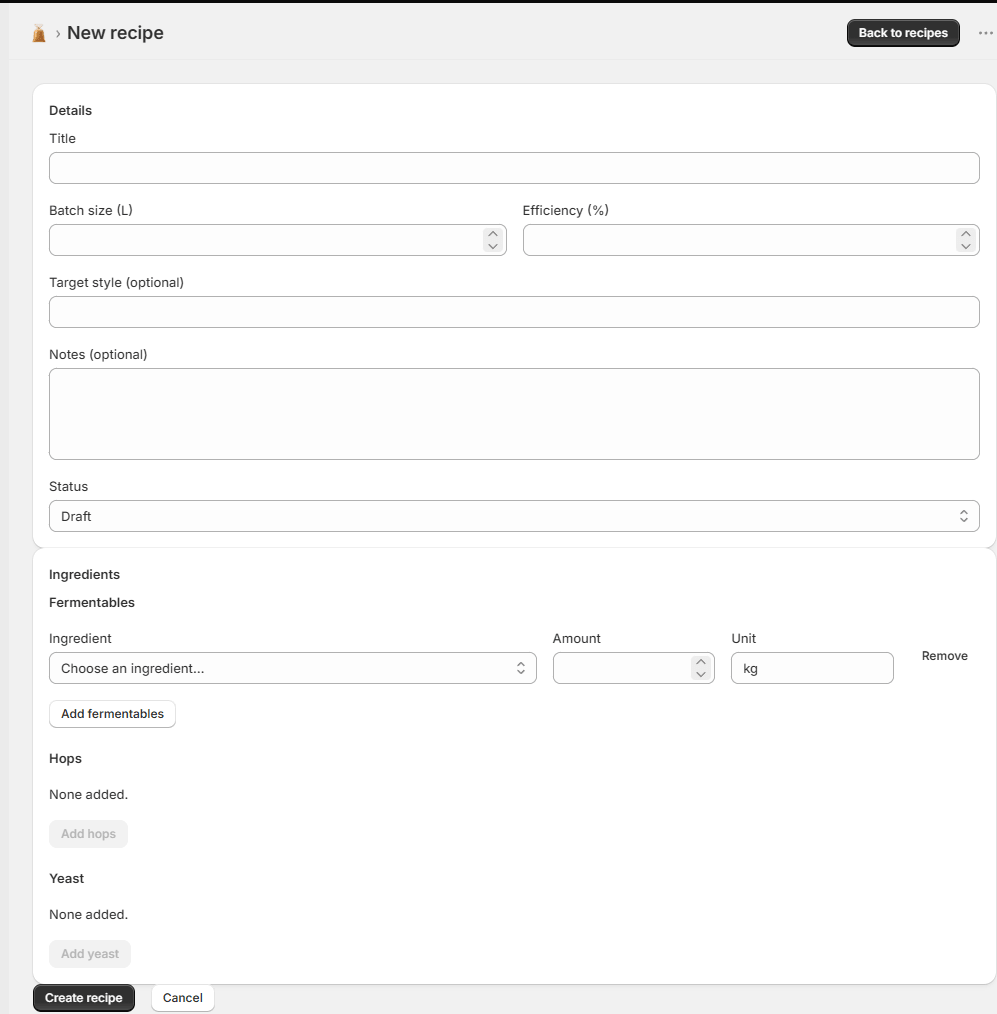 Add new recipe page