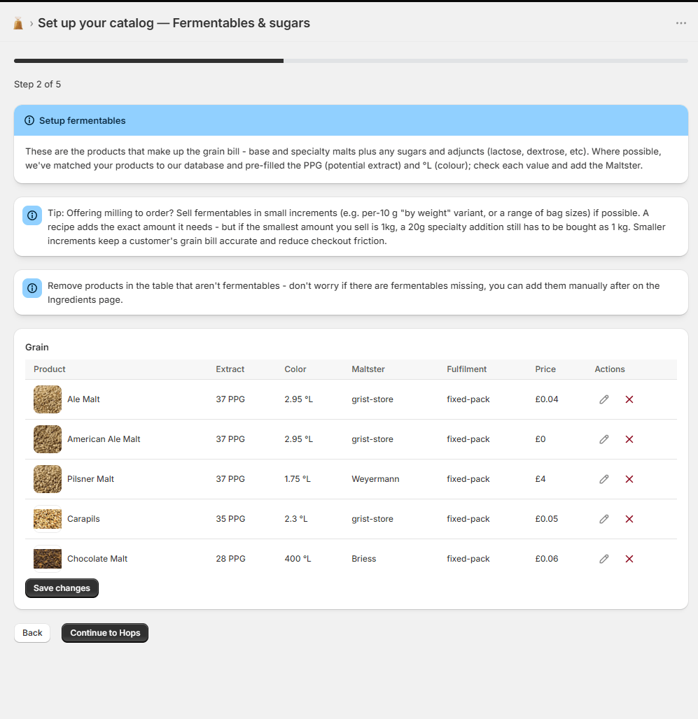 Grist setup wizard, fermentables & sugars screen