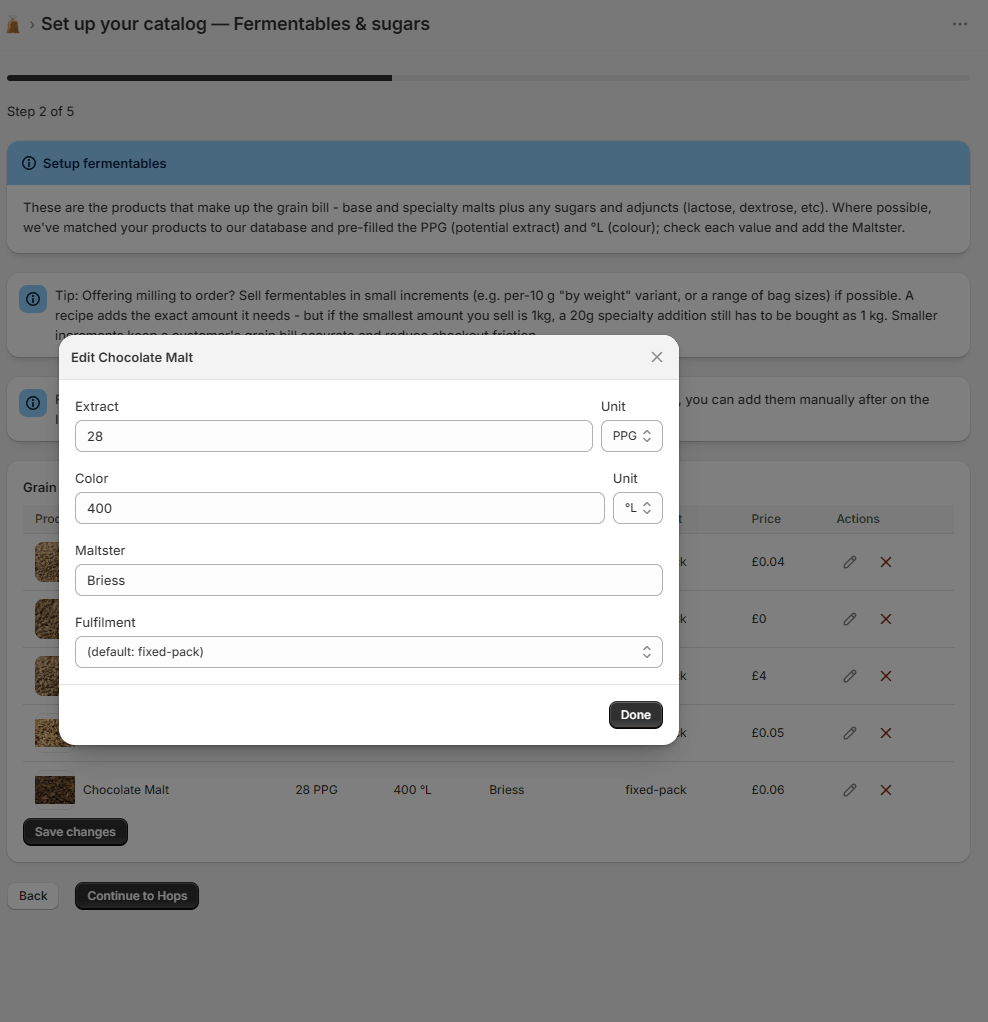 Grist setup wizard, fermentables & sugars - editing