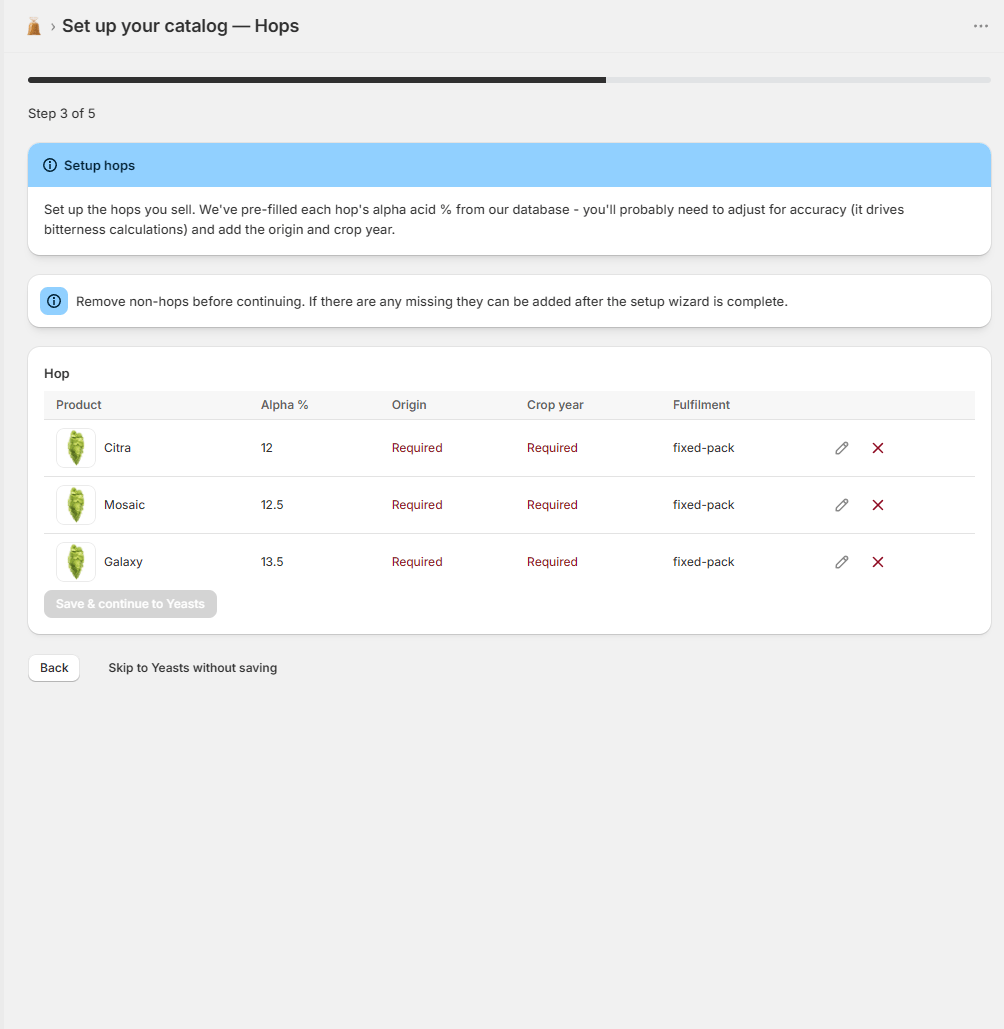 Grist setup wizard, hops screen