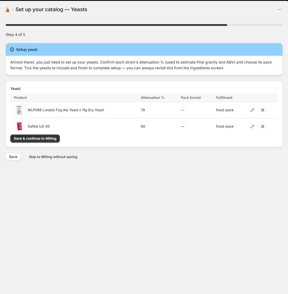 Grist setup wizard, yeast screen
